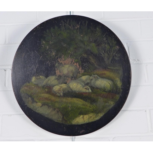 192 - Circular painted wood panel depicting sheep, 36cm diameter