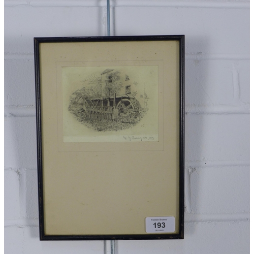 193 - Small engraving of a water mill, signed indistinctly and framed under glass, 12 x 10cm