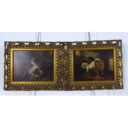 194 - A pair of overpainted horse prints, contained with pierced gilt frames, size overall 24 x 20cm (2)