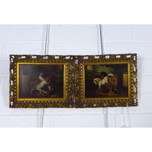 194 - A pair of overpainted horse prints, contained with pierced gilt frames, size overall 24 x 20cm (2)