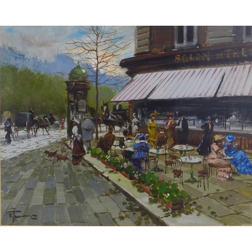 196 - PARISIEN CAFE AND STREET SCENE, oil on board, signed indistinctly and framed under glass, 30 x 23cm