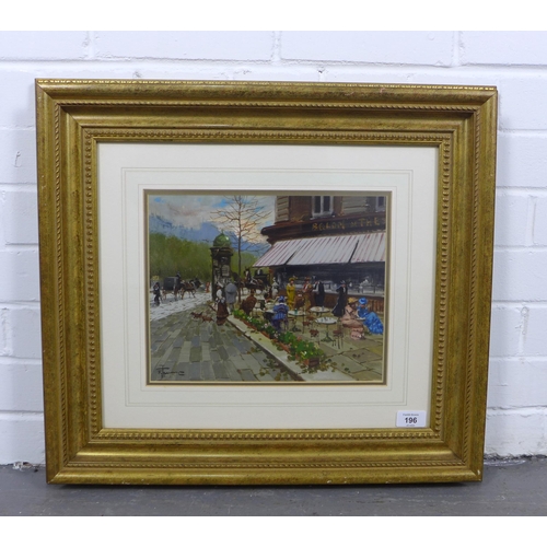 196 - PARISIEN CAFE AND STREET SCENE, oil on board, signed indistinctly and framed under glass, 30 x 23cm