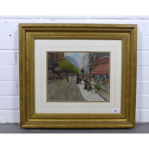 197 - PARISIEN CAFE AND STREET SCENE, oil on board, signed indistinctly and framed under glass, 30 x 23cm