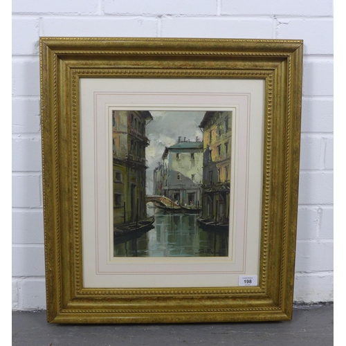 198 - VENETIAN CANAL SCENE, oil on canvas board, signed indistinctly and framed under glass, 23 x 29cm