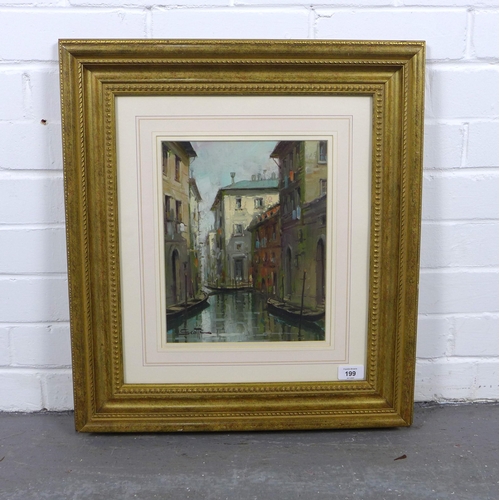 199 - VENETIAN CANAL SCENE, oil on canvas board, signed indistinctly and framed under glass, 23 x 29cm