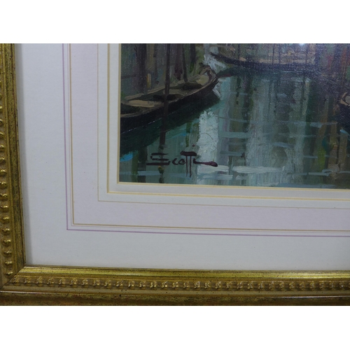 199 - VENETIAN CANAL SCENE, oil on canvas board, signed indistinctly and framed under glass, 23 x 29cm