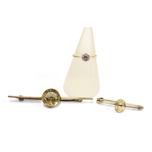20 - 18ct old cut diamond flowerhead ring, stamped 18ct together with a 9ct gold citrine brooch and anoth... 