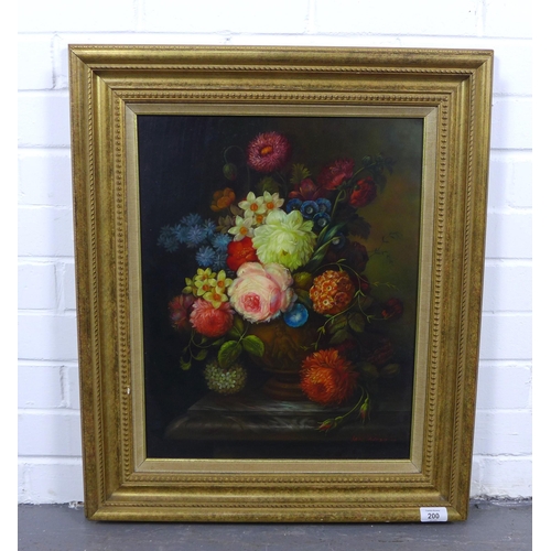 200 - MODERN BRITISH SCHOOL,  still life vase of flowers, oil on board, signed indistinctly, in a gilt fra... 