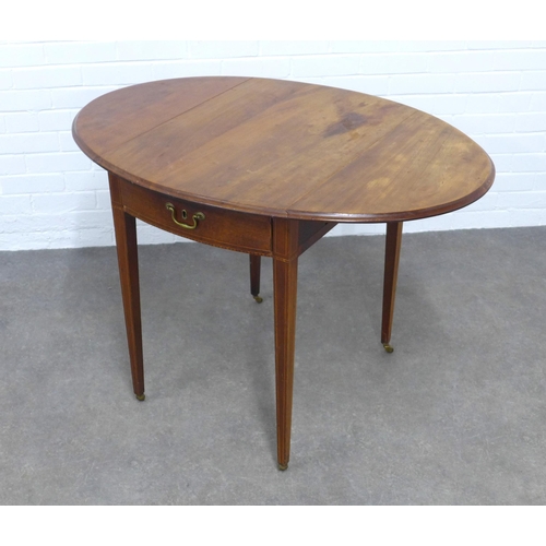 204 - Edwardian mahogany and inlaid Pembroke table on tapering legs with brass castors, 108 x 75 x 74cm.