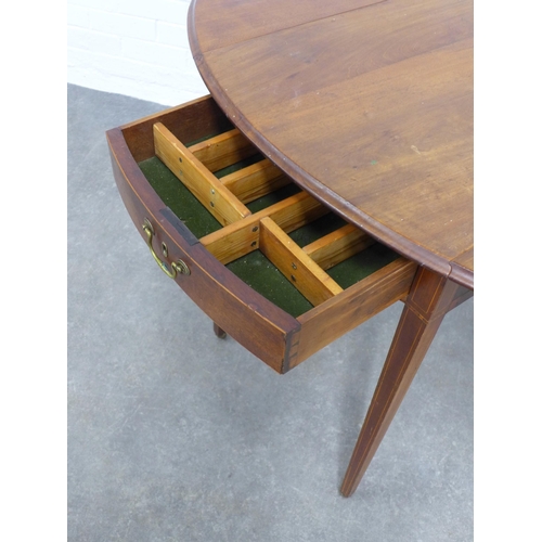 204 - Edwardian mahogany and inlaid Pembroke table on tapering legs with brass castors, 108 x 75 x 74cm.