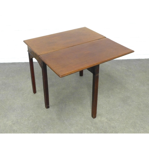 208 - Mahogany bedroom table with a drop leaf to one side on reeded square legs, 83 x 72cm.