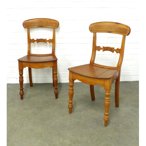 211 - Pair of light mahogany chairs, curved top rail and carved vertical splat, solid seats and turned leg... 