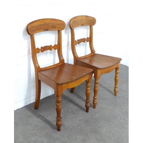 211 - Pair of light mahogany chairs, curved top rail and carved vertical splat, solid seats and turned leg... 