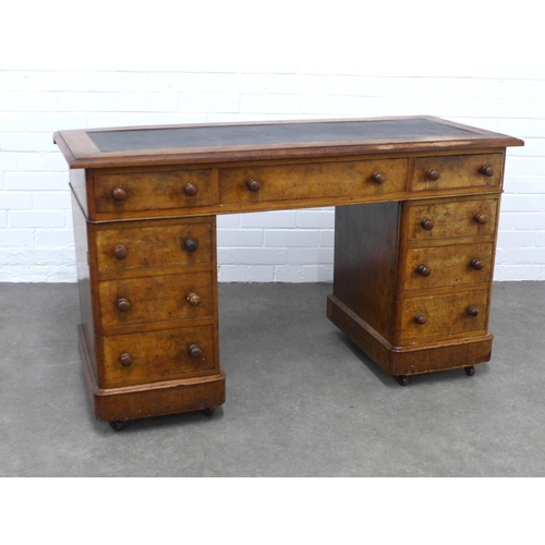 222 - 19th century walnut pedestal desk, rectangular top with inset skiver over an arrangement of nine dra... 