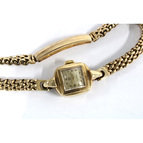 23 - 9ct gold Ladies Omega wrist watch, signed square dial, on a 9ct gold bracelet strap, stamped 375 and... 