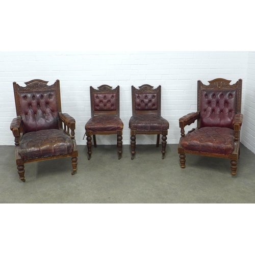 230 - Pair of late 19th century open armchairs and two matching side chairs, with carved oak frames and wo... 