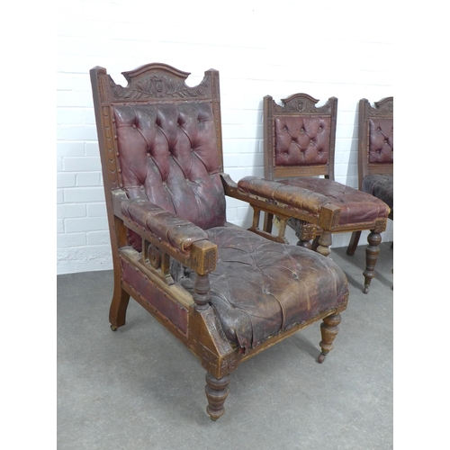 230 - Pair of late 19th century open armchairs and two matching side chairs, with carved oak frames and wo... 