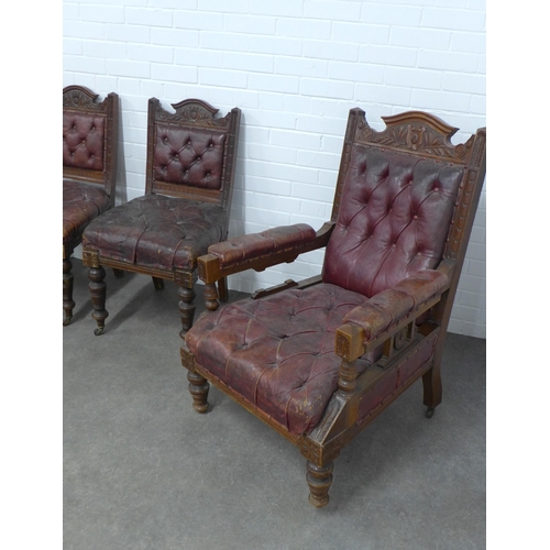 230 - Pair of late 19th century open armchairs and two matching side chairs, with carved oak frames and wo... 