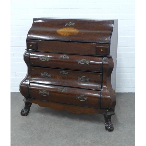 231 - 19th century Dutch style walnut bombe commode, the top with an inlaid fall front which opens to reve... 