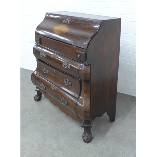 231 - 19th century Dutch style walnut bombe commode, the top with an inlaid fall front which opens to reve... 