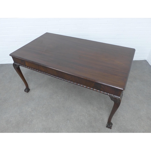 234 - Mahogany library table, rectangular top with moulded edge and a drawer to each side, gadrooned friez... 