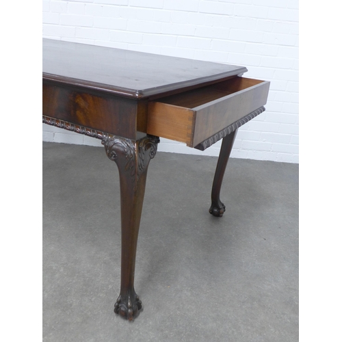 234 - Mahogany library table, rectangular top with moulded edge and a drawer to each side, gadrooned friez... 