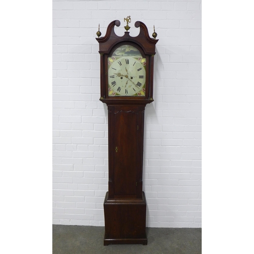 235 - Dawson of Haddington mahogany grandfather clock, with a swan neck pediment and brass finials over a ... 