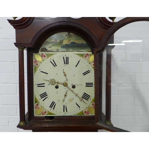 235 - Dawson of Haddington mahogany grandfather clock, with a swan neck pediment and brass finials over a ... 