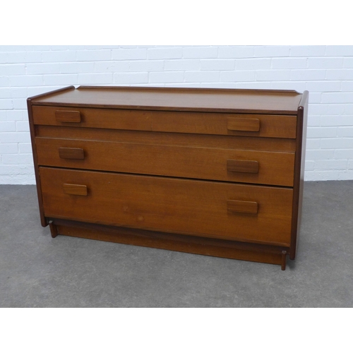 239 - White & Newton teak chest with three graduating long drawers, 127 x 75 x 42cm.