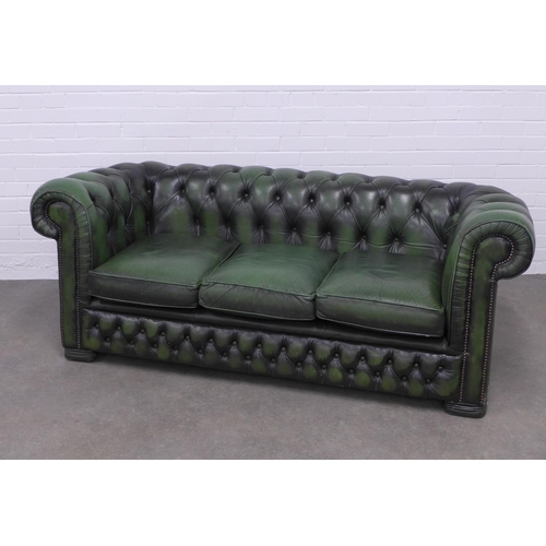 241 - Vintage green buttonback upholstered three seater chesterfield sofa, 200 x 70 x 60cm.