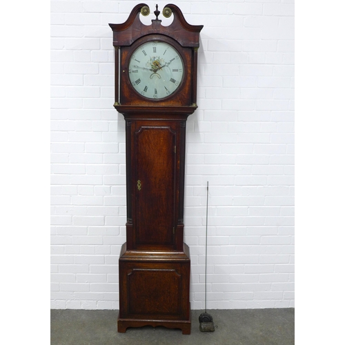 246 - An oak grandfather clock with walnut veneers , broken swan neck pediment over a painted dial with a ... 