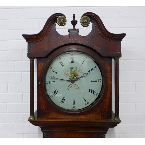 246 - An oak grandfather clock with walnut veneers , broken swan neck pediment over a painted dial with a ... 