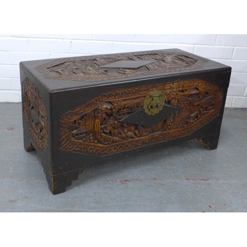 258 - Chinese carved camphor wood chest / blanket box, 80 x 40 x 38cm.