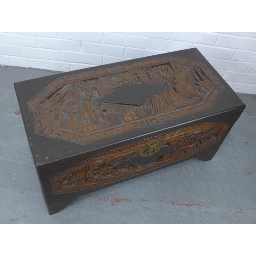 258 - Chinese carved camphor wood chest / blanket box, 80 x 40 x 38cm.