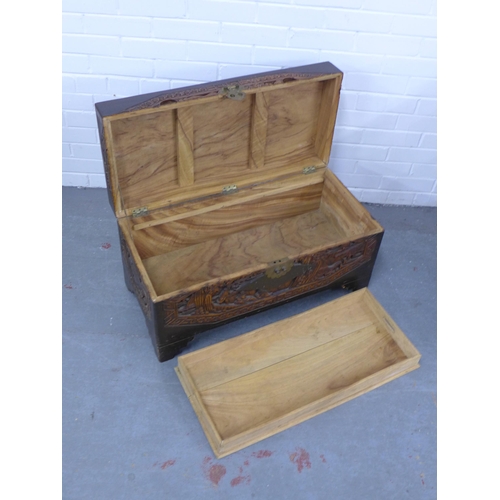 258 - Chinese carved camphor wood chest / blanket box, 80 x 40 x 38cm.