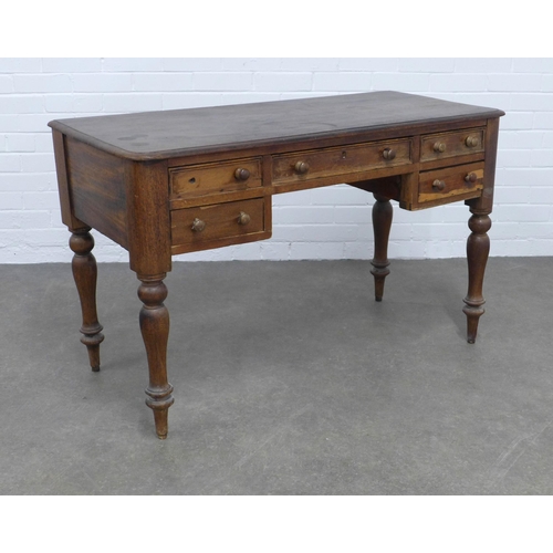 269 - Victorian mahogany desk with a central frieze drawer flanked by two short drawers, raised on turned ... 