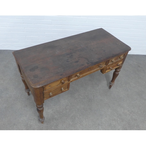 269 - Victorian mahogany desk with a central frieze drawer flanked by two short drawers, raised on turned ... 