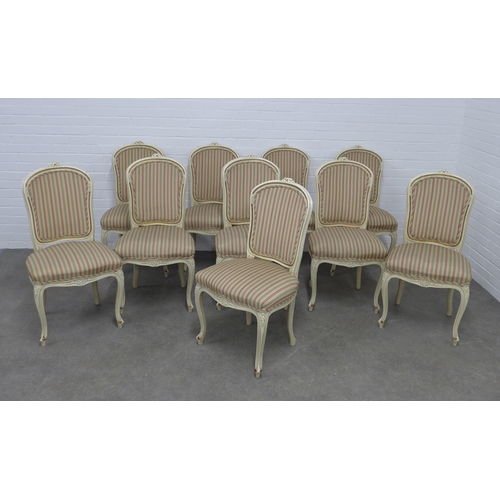 270 - Set of ten chairs Louis XV style cream painted and parcel gilt side chairs, striped upholstery, 51 x... 