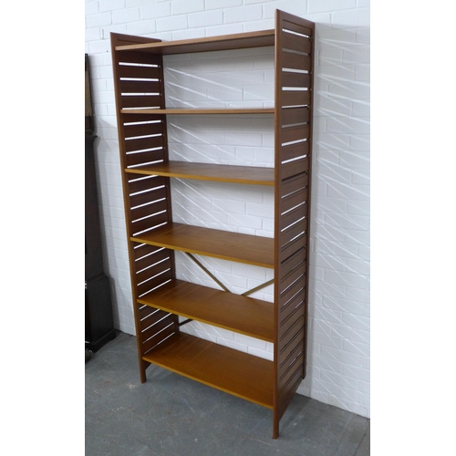 275 - Vintage teak Ladderax style shelving system, with slatted sides and adjustable shelves, 95 x 201cm