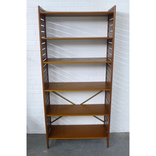 275 - Vintage teak Ladderax style shelving system, with slatted sides and adjustable shelves, 95 x 201cm