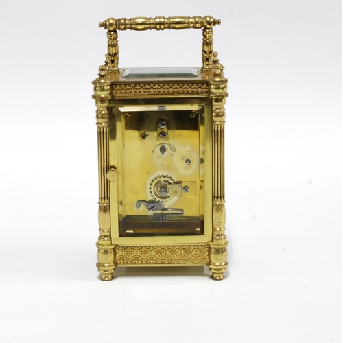 276 - Brass and glass cased carriage clock, 14cm, in leather carry case