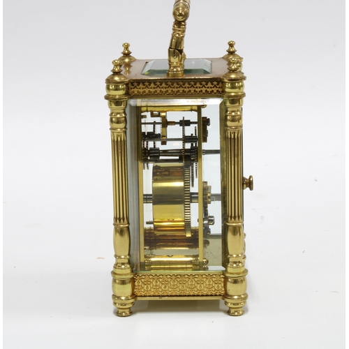 276 - Brass and glass cased carriage clock, 14cm, in leather carry case