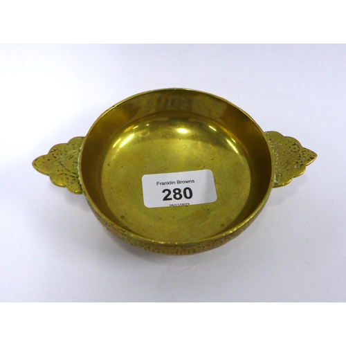 280 - Tiffany & Co brass quaich / porringer, makers mark to underside with numbers 0459, 14cm