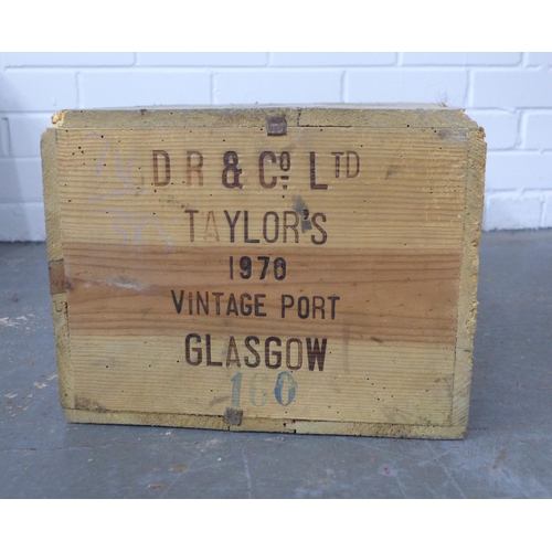 291 - 12 bottles of Taylor's 1970 vintage Port, crate unopened, crate with worm damage