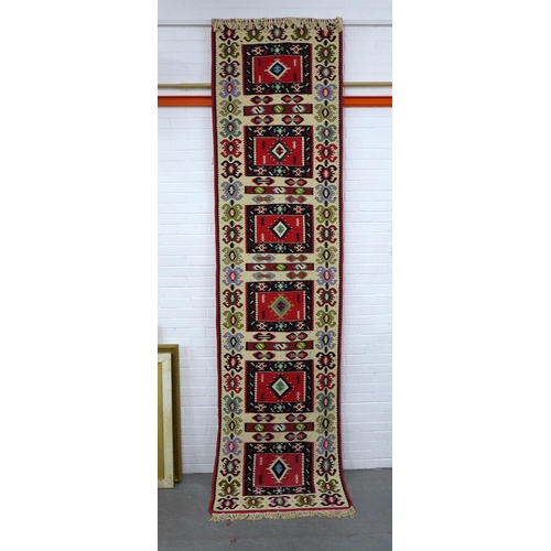 297 - Vintage flatweave Kelim style runner / wall hanging,  ivory field with six rectangular panels contai... 