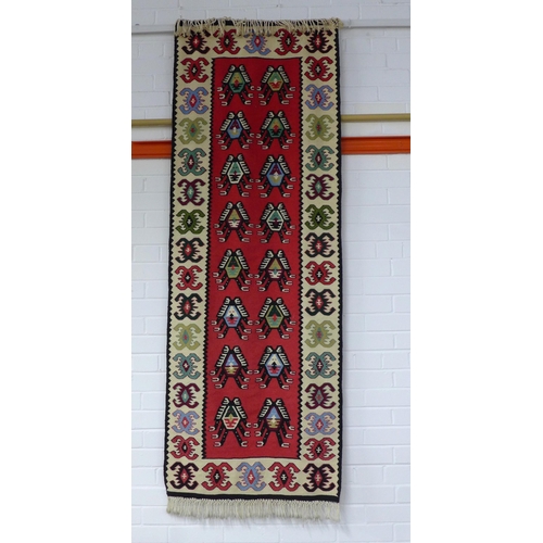 298 - Vintage flatweave Kelim style runner / wall hanging, red field with ivory hooked border, 205 x 71cm