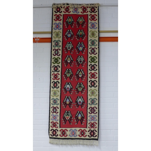 298 - Vintage flatweave Kelim style runner / wall hanging, red field with ivory hooked border, 205 x 71cm