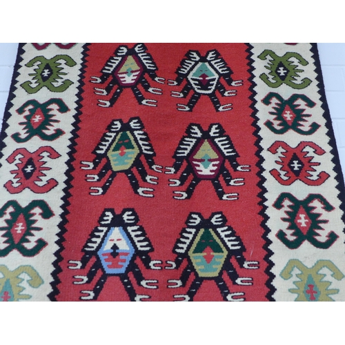 298 - Vintage flatweave Kelim style runner / wall hanging, red field with ivory hooked border, 205 x 71cm