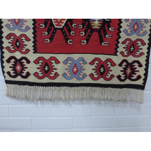 298 - Vintage flatweave Kelim style runner / wall hanging, red field with ivory hooked border, 205 x 71cm