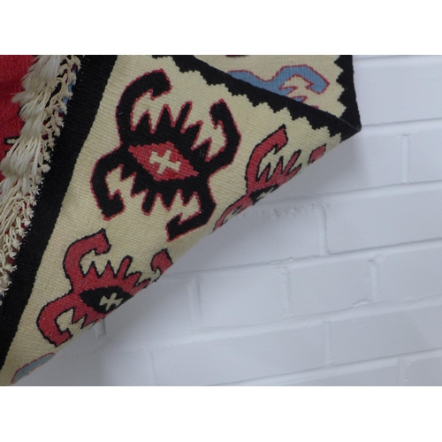 298 - Vintage flatweave Kelim style runner / wall hanging, red field with ivory hooked border, 205 x 71cm